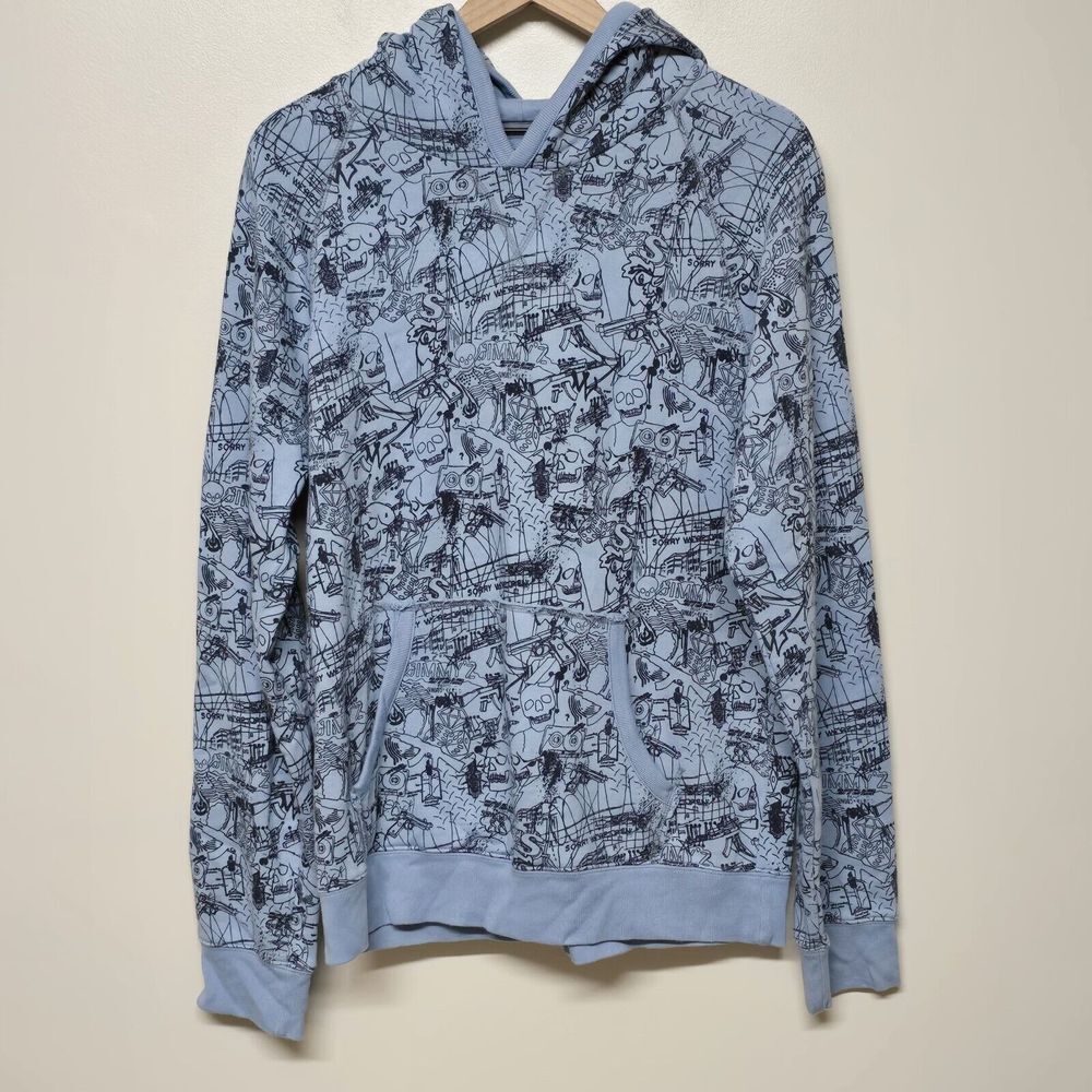 Jimmy'z Mens Grunge Y2K Skater Skeleton Skulls Hooded Blue Sweatshirt Sz M‎